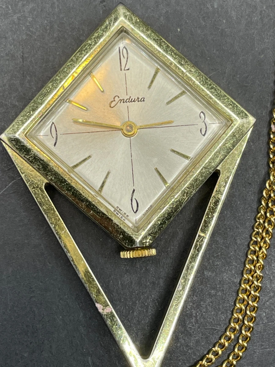 Endura Gold-Tone Diamond Shaped Pendant Watch Necklace Vtg Endura Swiss Diamond Shaped Gold Tone Wind Up Pendant  main image 4