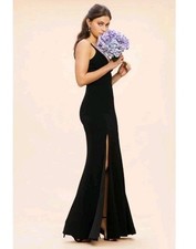 DRESS THE POPULATION Iris Gown L Black Slit V Neck Stretch Dress Gown New