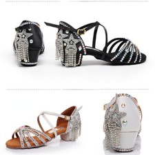Kids Girls Dancing Shoes Rhinestone Sandals Soft Sole Tassel Latin Salsa Stage