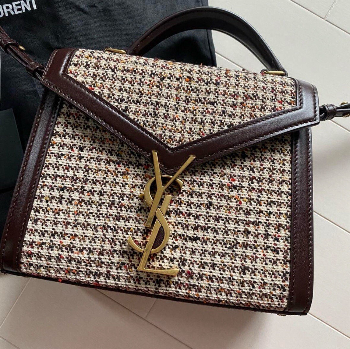 ✴︎NUOVA✴︎SAINT LAURENT Cassandra Borsa Manico Superiore Tweed × Pelle Mini Tracolla