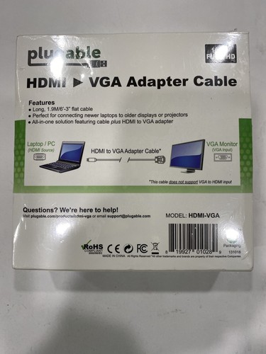 New Plugable HDMI to VGA(6'3" 1.9M) Active Adapter Cable 1080p support HDMI-VGA - Picture 2 of 2