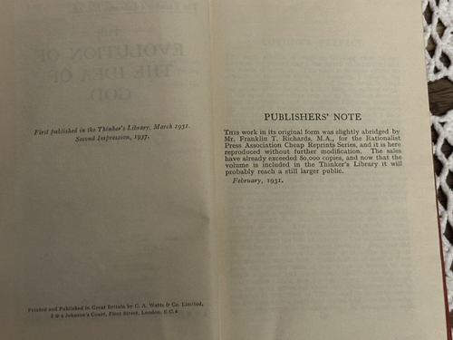 The Evolution Of The Idea Of God Grant Allen Thinker's Library No 18 1937 Book - Imagen 6 de 12