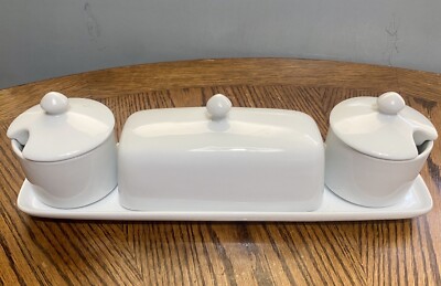 GENUINE POTTERY BARN Condiment Service GREAT WHITE Butter Dish Jam  display picture 1