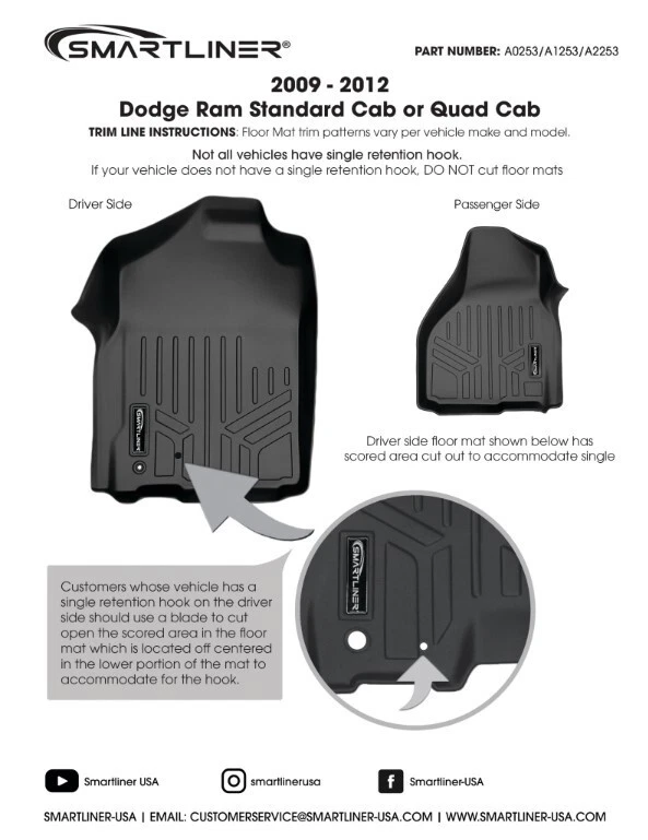 SMARTLINER Custom Fit Floor Mats 1st Row Set 2009-2012 Dodge Ram 1500 2500 3500 - Image 2 of 4