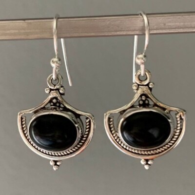 925 Sterling Silber schwarzer Onyx Handarbeit echte Ohrhänger Damen Ohrringe