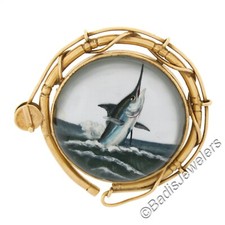 Vintage 14k Yellow Gold Marlin Fish Reverse Intaglio Painted Fishing Reel Brooch