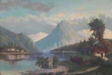 Gemälde: Thuner See ? 19.Jhdt. Landschaft, Schweiz Alpen, See Berge Romantik