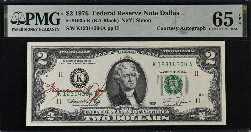 1976 $2 Federal Reserve Note  PMG 65EPQ - Courtesy Autograph Treasurer Neff - Image 2 of 3