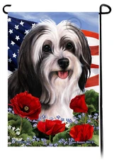 Patriotic Flowers Garden Flag - Black and White Tibetan Terrier