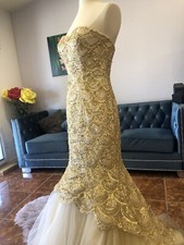 Sherry Hill Gold Ivory sequin Beaded Mermaid Gown Size 4 NWT!