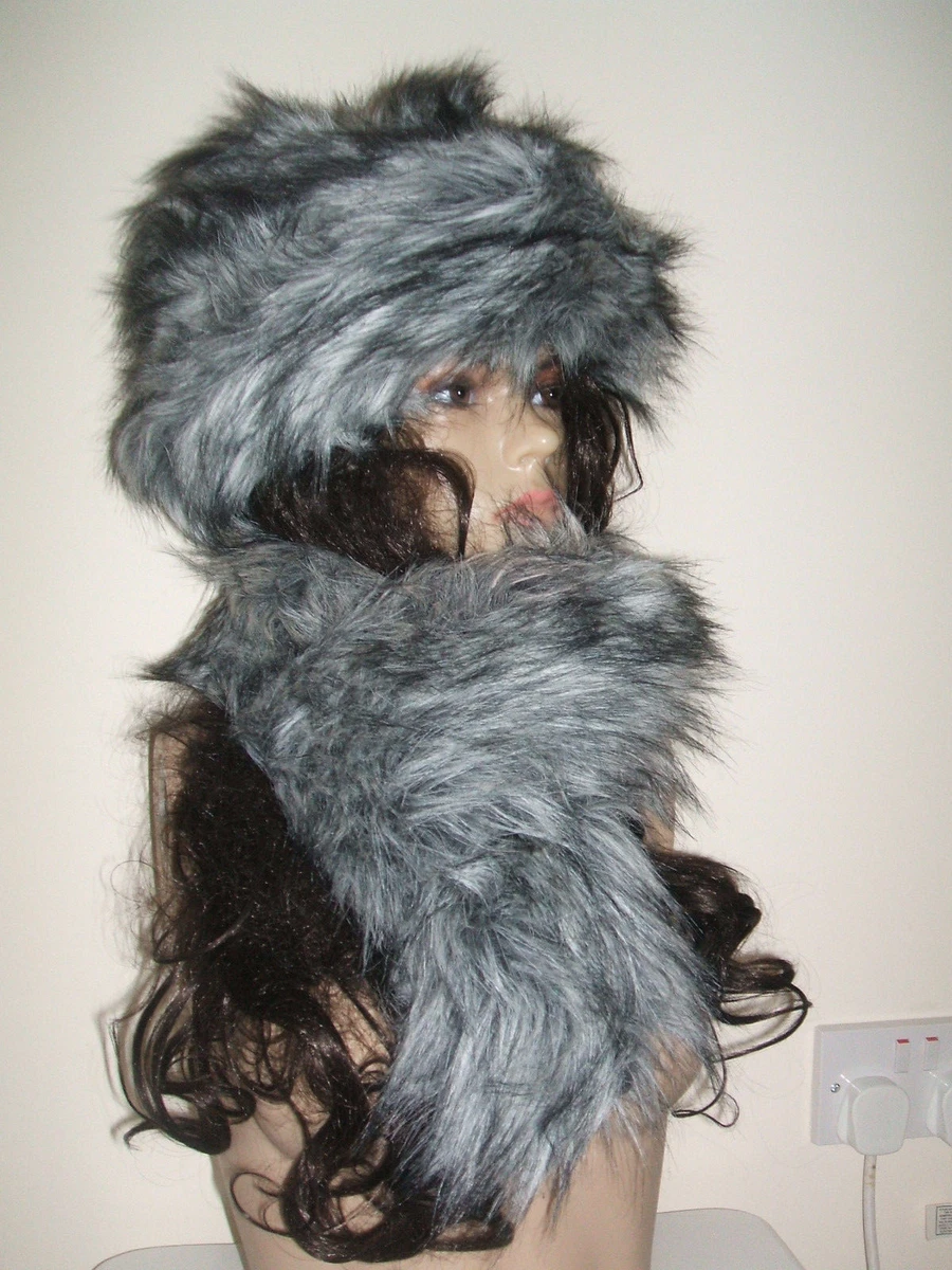 BNWT DESIGNER LILI POPPY GREY FLUFFY FAUX FUR DIVA BRIM COSSACK HAT SCARF SET