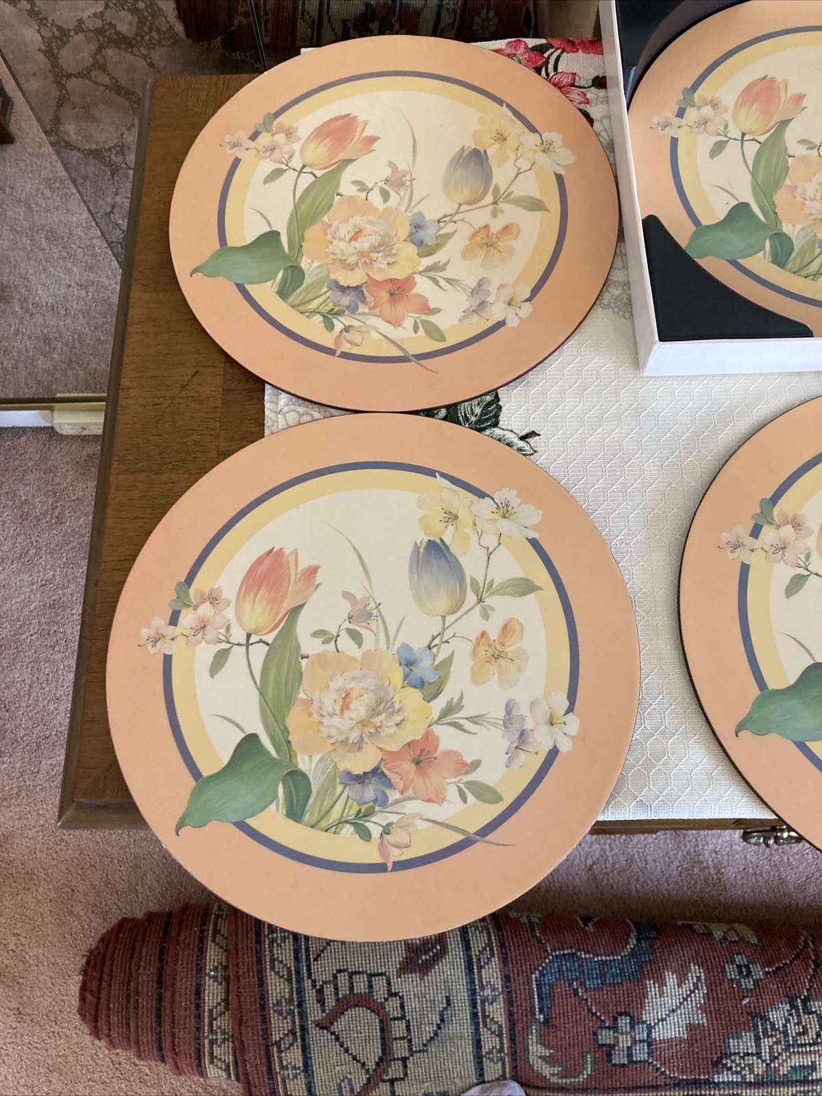 Vintage Set Of 6 Pimpernel England Cork Backed Placemats 10” Diameter Floral eBay