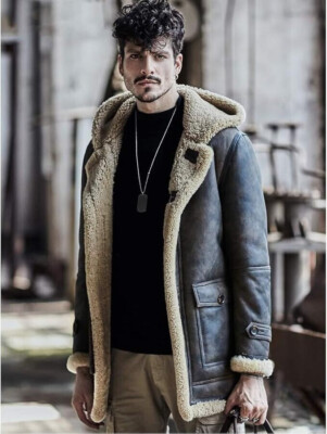 Mens RAF Trench Coat Brown Real Sheepskin Shearling Leather Jacket US Navy pilot