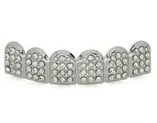 Custom Fit Upper Rhinestone Teeth Silver Plated Grillz Mouth Hip Hop Grill