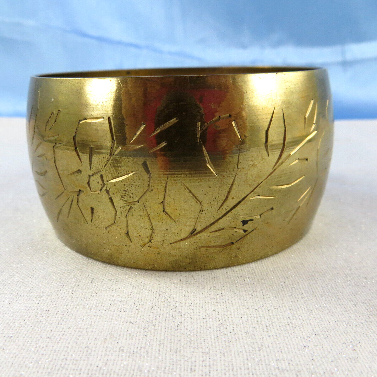 WIDE Vintage Solid Brass Bangle Bracelet Etchings… - image 1
