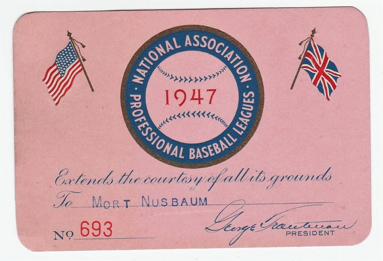 RARE National Association of Professional Baseball Leagues 1947 Pass G Trautman