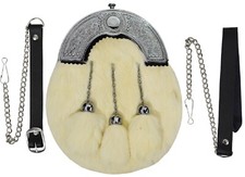 FULL DRESS KILT SPORRAN WHITE RABBIT FUR & CHROME CELTIC CANTLE