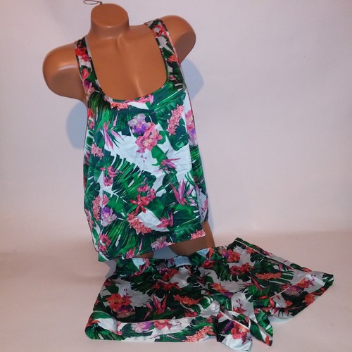 Victoria Secret Camisole Set XL Tank Top & Shorts Sleepwear Blue Green Tropical - Picture 2 of 8