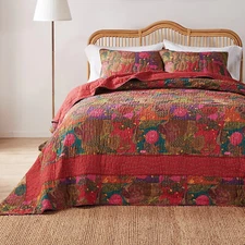 XXL JEWEL RED 3pc King / Cal BEDSPREAD SET : COTTON  BOHO FLORAL EXOTIC PRINT