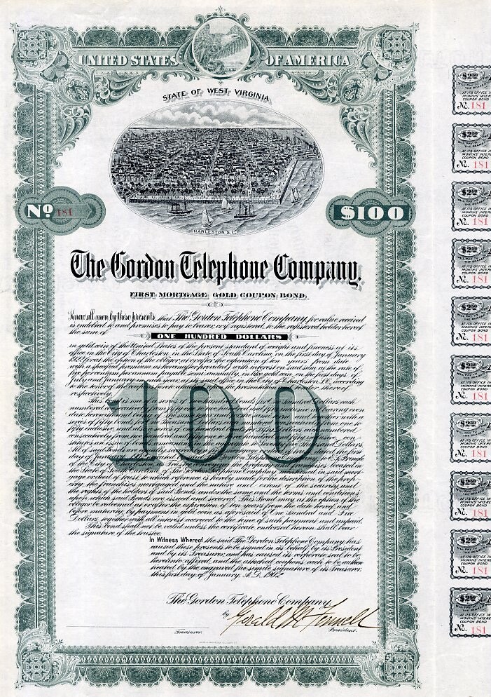1902 Gordon Telephone Co Bond Certificate