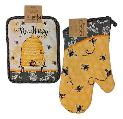QUEEN BEE Bee Happy Honey Bees Potholder & Oven Mitt Set, by Kay Dee