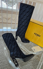 Fendi Black / Blue Chenille Ciniglia Jacquard FF Cut Knee High Boots 1590