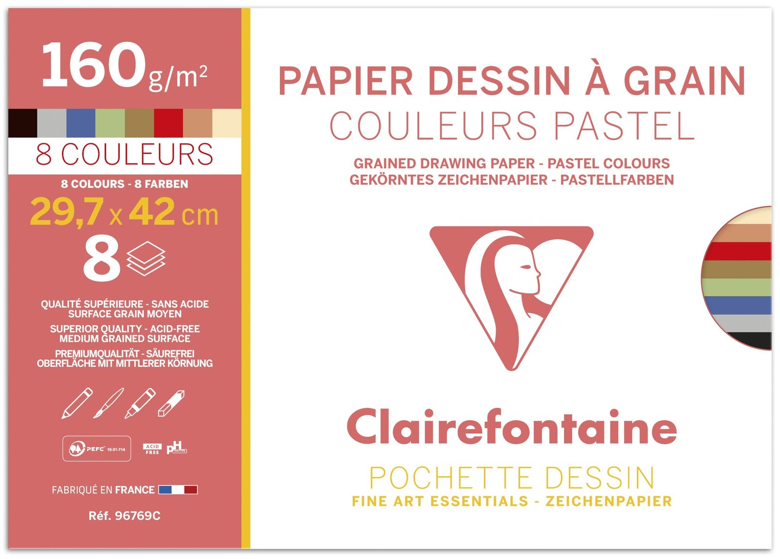 Clairefontaine 96769C - Pochette Dessin Couleur à Grain A3 8F 160g (N3t)