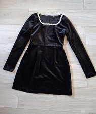 Black Velvet Flared Dress Jewel Neck Edging Evening Party Occasion Retro UK6/8