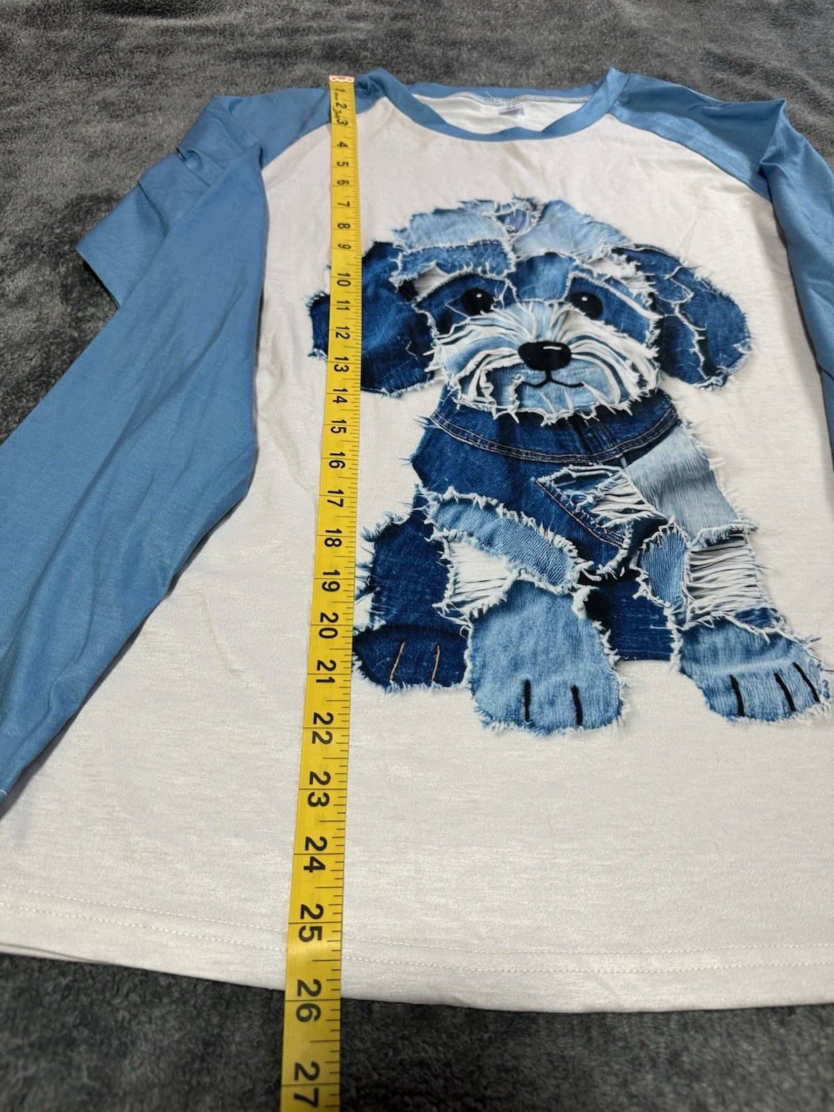 Dog Pattern Denim Patchwork Art T-Shirt Size M - image 3
