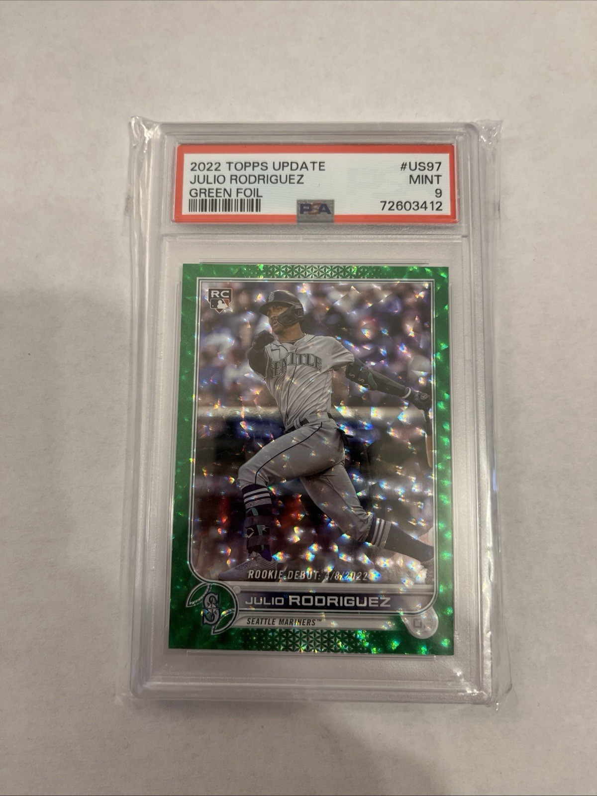 2022 Topps Update Julio Rodriguez Green Foil #US97 Rookie /499 PSA 9 MINT RC