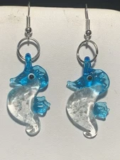 NEW ITEM-GORGEOUS LUMINOUS (GLOW IN DARK) BLOWN-GLASS SEA HORSE EARRINGS-BLUE