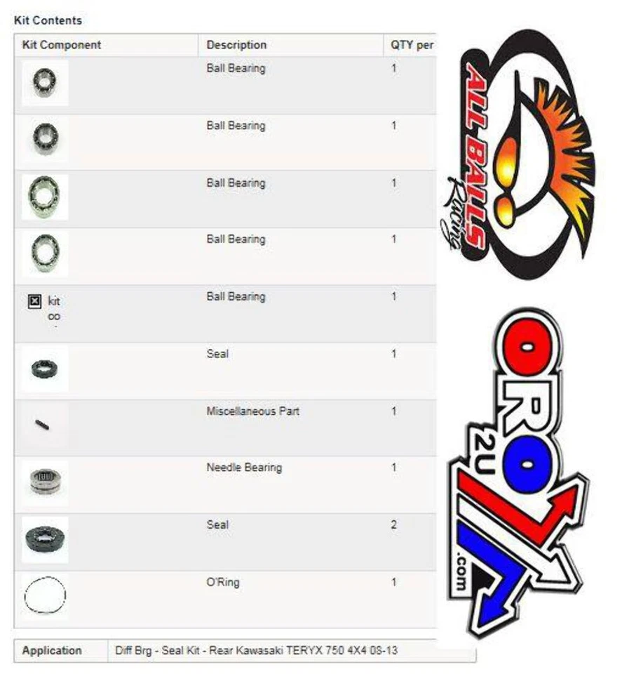 All Balls Racing Differential Kit Teryx 750, Allballs 25-2095 Kawasaki UTV - Image 2 of 4