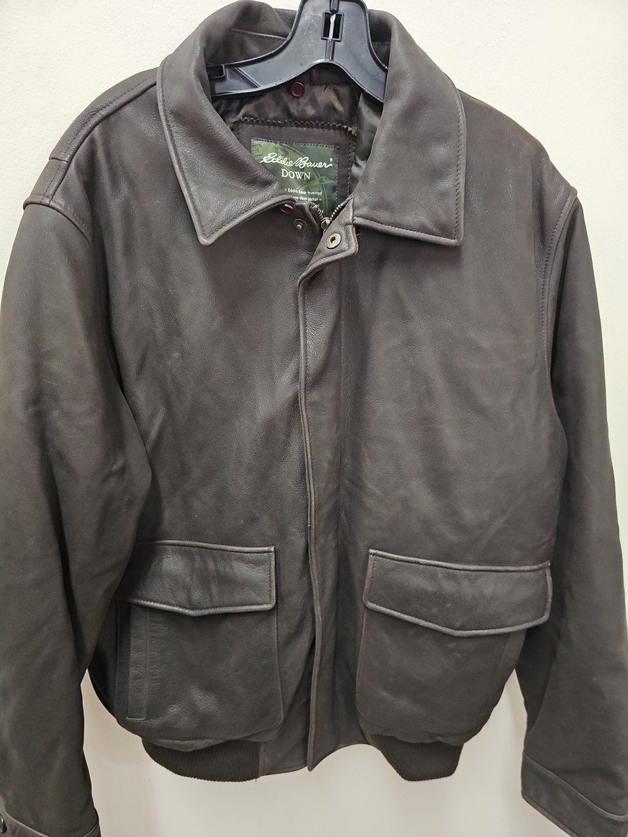 Vintage Eddie Bauer Brown Leather Bomber Jacket, Size Large, Goose