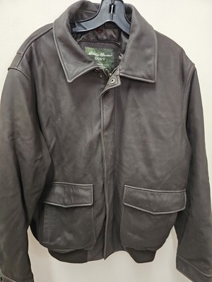 Vintage Eddie Bauer Brown Leather Bomber Jacket, Size Large, Goose