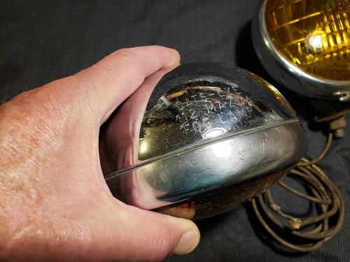 2 vtg CATS-EYE 112 FOG LAMPS CHROME Amber Glass LENS Car Light bulb auto Antique - Picture 2 of 11