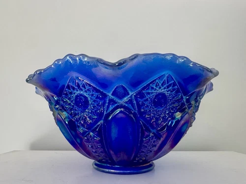 Vintage LE Smith Quintec Blue with Multi Color Irradesent Carnival Glass10"Bowl