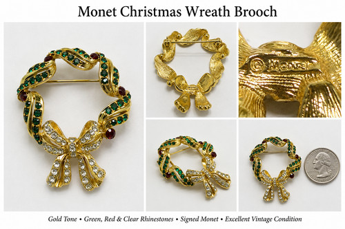 Monet Christmas Wreath Brooch Gold Tone Green Red Rhinestone Holiday Pin