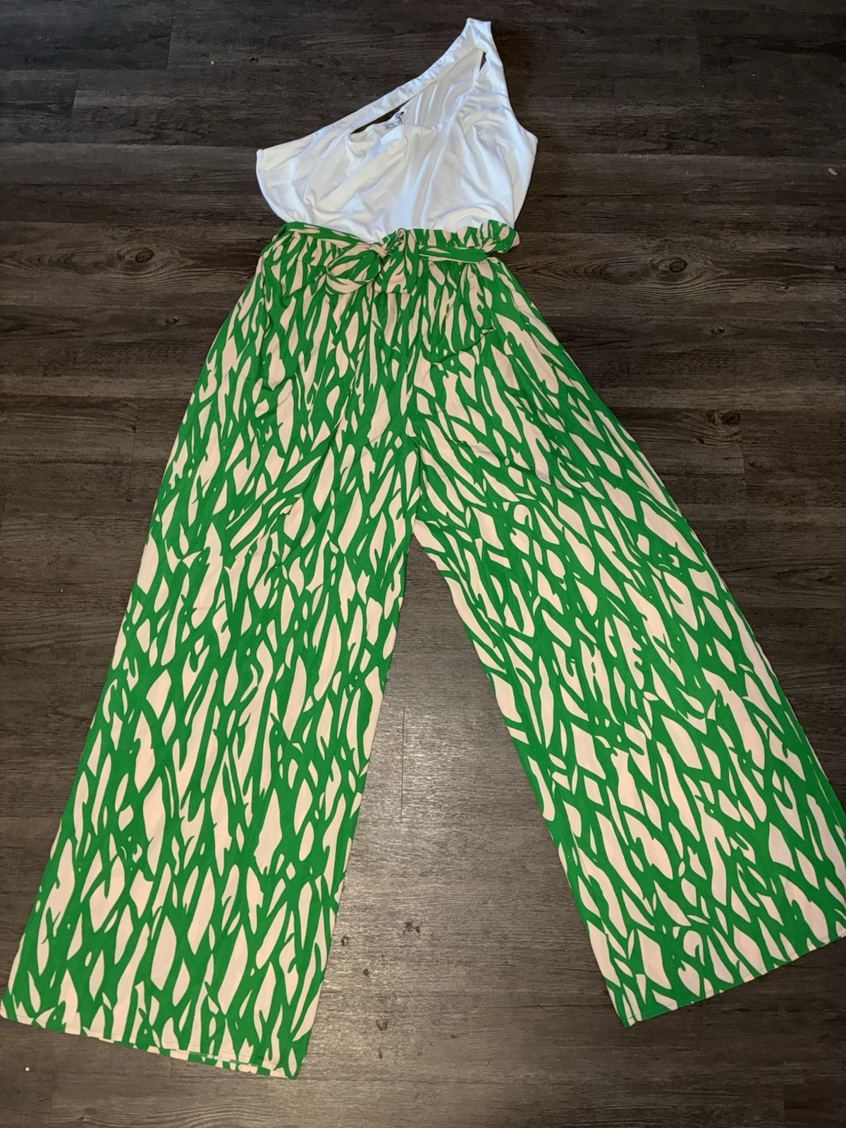 Fashion Nova Plus 2X One-Shoulder Wide-Leg Jumpsuit Green/White Stretch