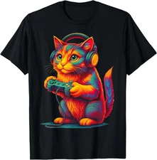Gamer Cat Video Games Boys Teen Men Girls Funny Gift Adult Kid TShirt,Unisex Tee
