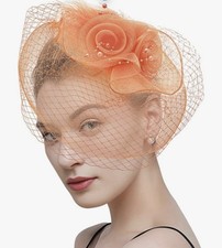 Fascinator Derby Hat with Mesh/ Pearl Flower Headband  Clip. Peach Colored