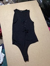 Iris Black Ribbed Bodysuit with Lace-Up Front