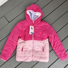 Eddie Bauer Jacket Girls Large 14/16 Pink Reversible Hooded Puffer Fuzzy Coat