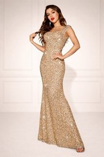 Gold Sequin Mesh Mermaid Dress Sweetheart Neck Cap Sleeve Long Backless