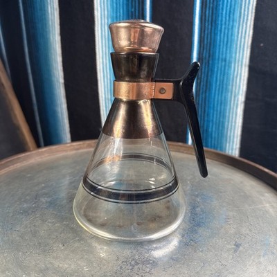 Glass/Copper Carafe MCM Atomic-age, Black Handle, Cork Stopper-VTG