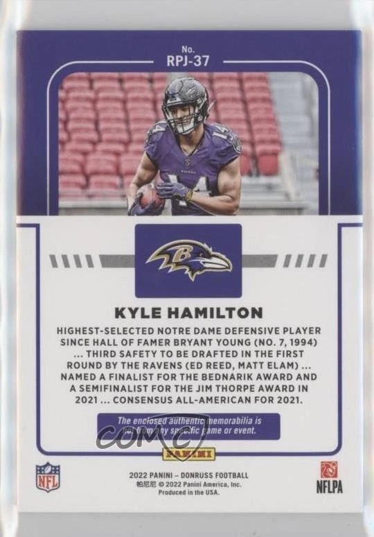 2022 Panini Donruss Rookie Phenom Jerseys Prime /25 Kyle Hamilton #RPJ-37 RC - Image 2 of 2