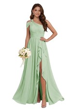 Slit One Shoulder Pleated Chiffon Ruffle Bridesmaid Formal Wedding Guest Dress
