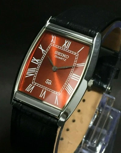 Vintage Seiko Slim Tank Quartz Men Red Dial Dress Watch-Free DDP Shipping