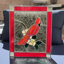Vintage Cardinal Stained Glass Panel Sun Catcher With Dual Chain 11.5x14  