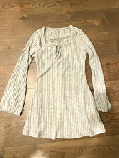 Women’s gray ribbed knit square neck bell sleeve tie front mini dress size L