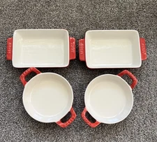 Staub Mini Ceramic Baking Dish Set of 4 – 2 Rectangular & 2 Round – Cherry Red